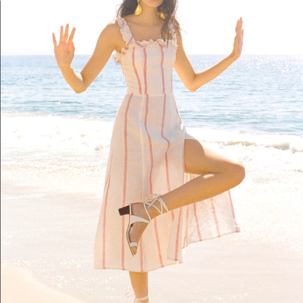 Reformation Striped Ruffle Linen “Lavender” midi-dress in Red licorice